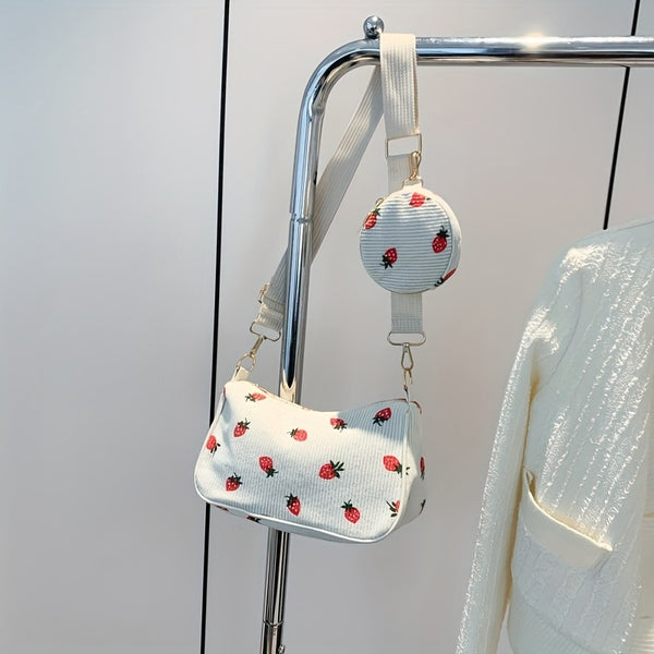 Chic Strawberry Corduroy Crossbody Bag for Women - Versatile Underarm Shoulder Purse with Adjustable Strap, Zip Closure - Available in White, Black, Brown, Pink
